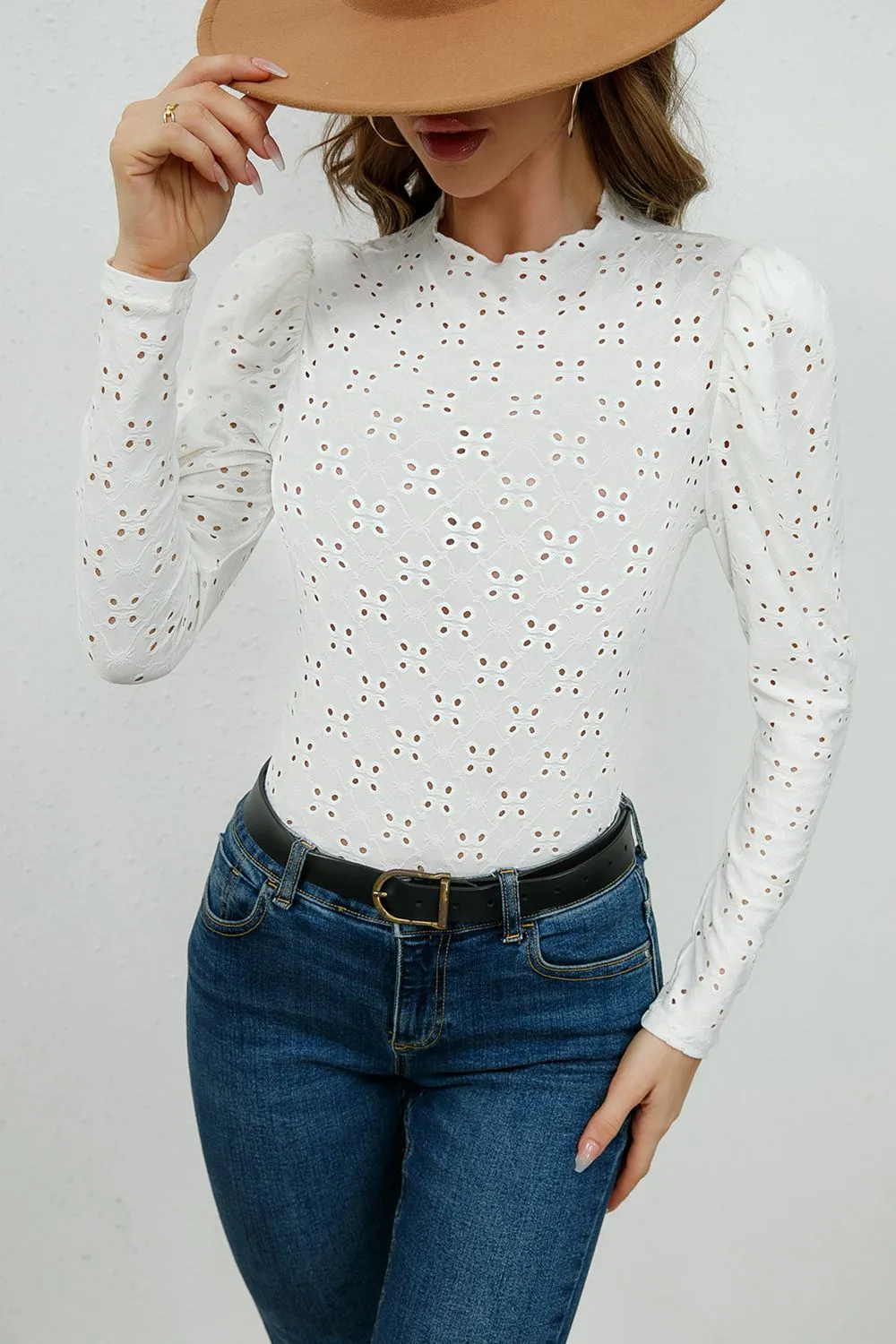 Round Neck Eyelet Long Sleeve Blouse