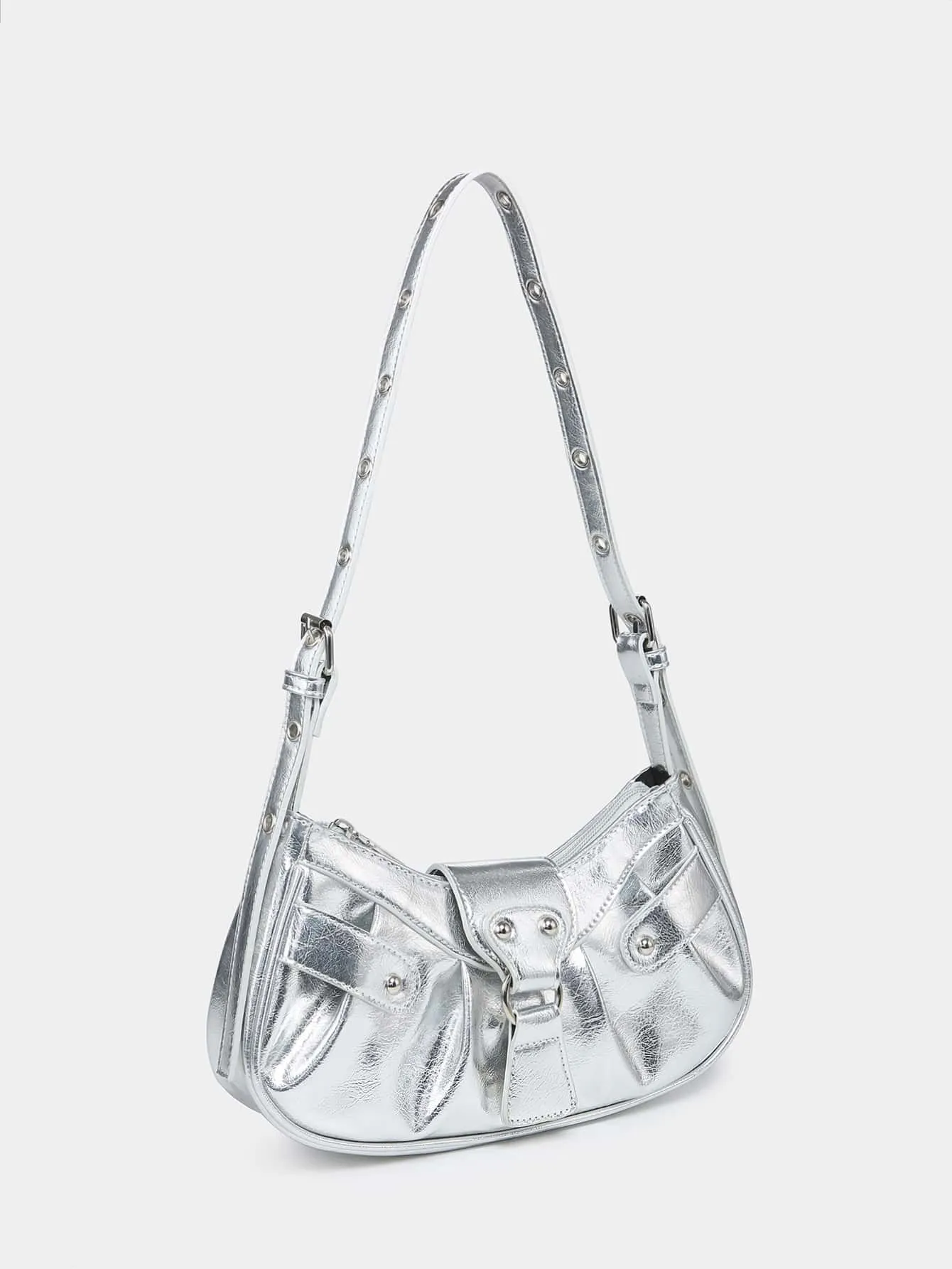 SHEIN Metallic Buckle Decor Hobo Bag For Girls