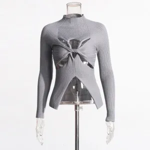 Solid Hollow Out Slimming Knitting Sweaters For Women Round Neck Long Sleeve Twist Front Casual Sexy Sweater Female