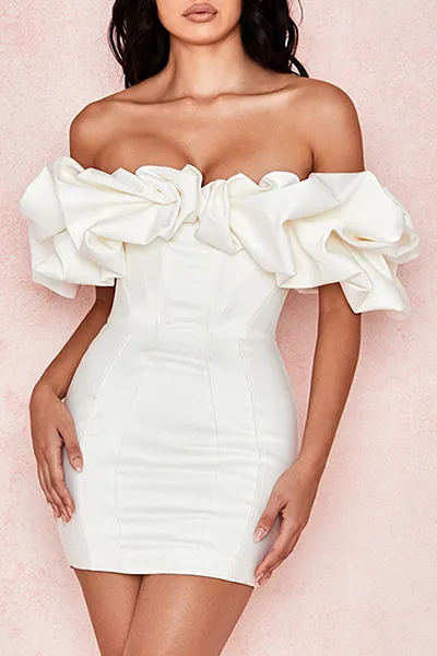 Solid Split Joint Flounce Off the Shoulder Wrapped Skirt Dresses