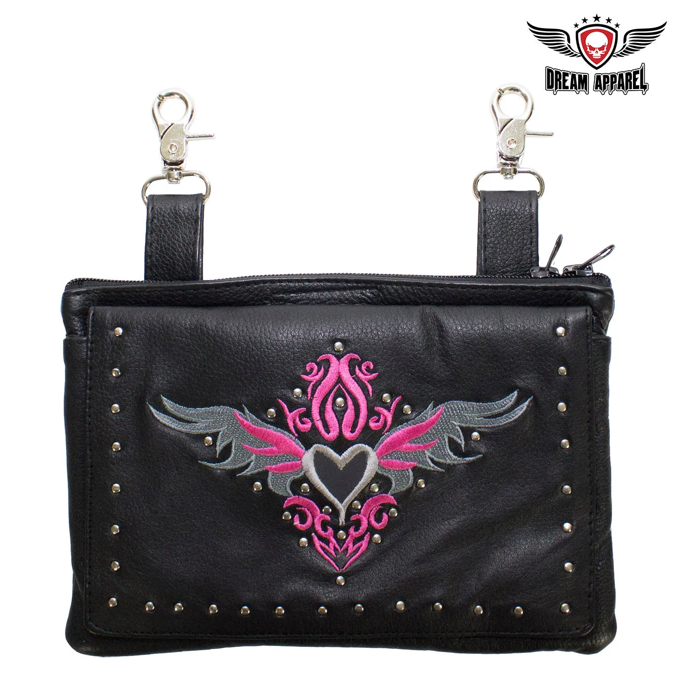 Studded Naked Cowhide Leather Gun Holster Belt Bag with Pink & Silver Heart