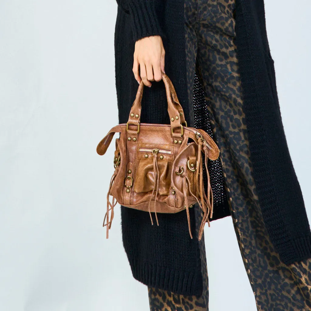 Suede and metallic leather handbag with studded details wholesale