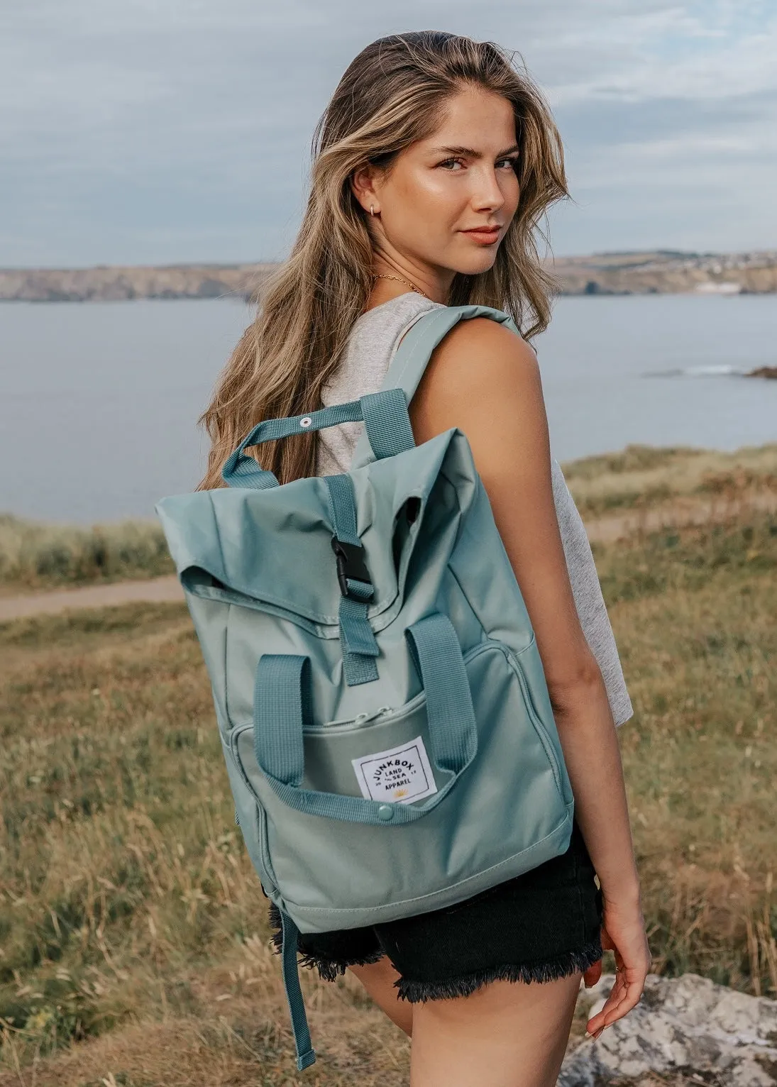 'The Everyday' Recycled Roll-Top Backpack in Sage Green