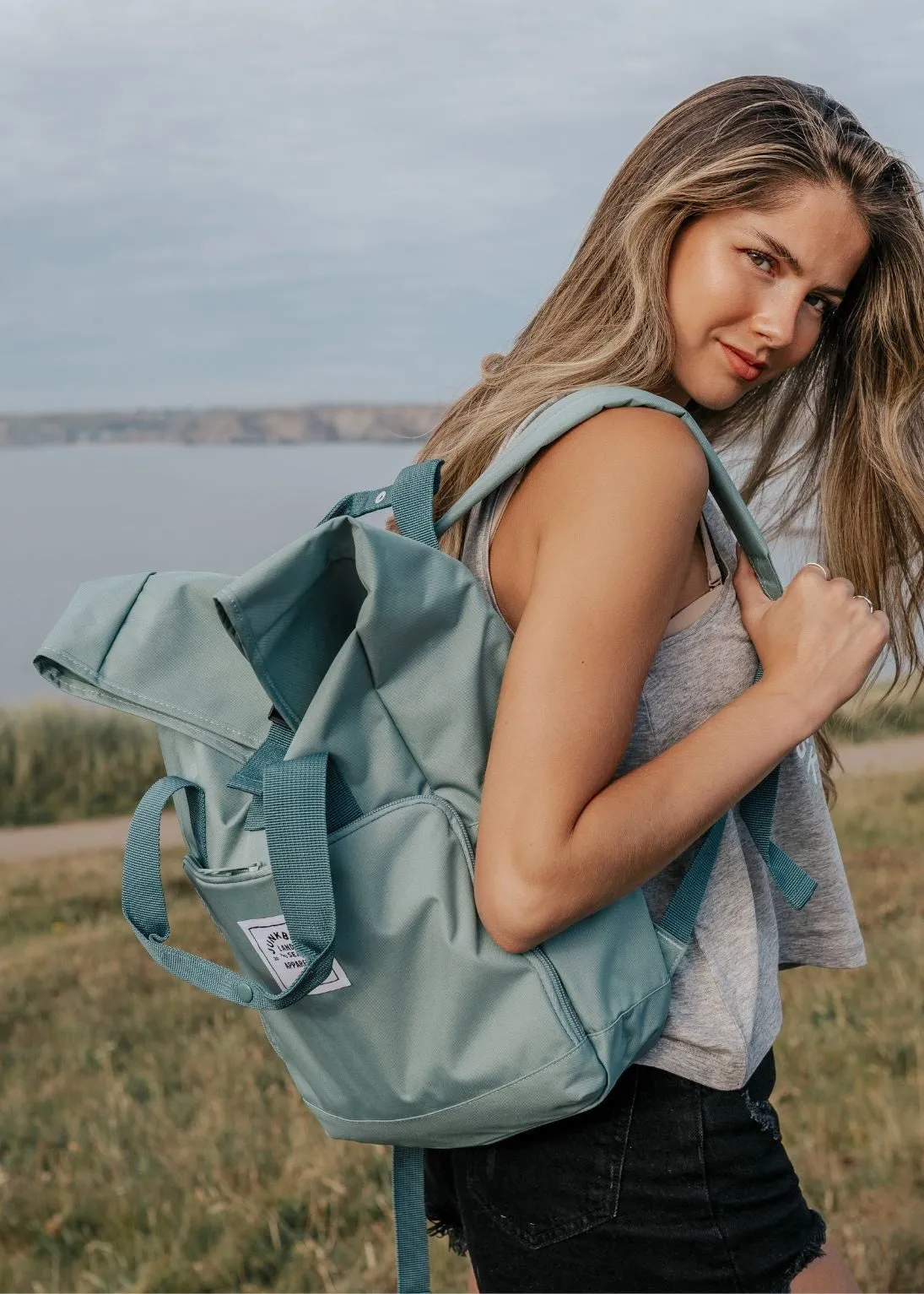 'The Everyday' Recycled Roll-Top Backpack in Sage Green