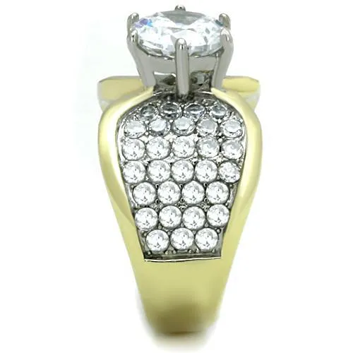 Two-Tone IP Gold (Ion Plating) Stainless Steel Ring with AAA Grade CZ in Clear for Women Style TK1547