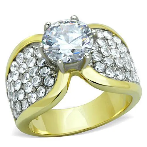 Two-Tone IP Gold (Ion Plating) Stainless Steel Ring with AAA Grade CZ in Clear for Women Style TK1547