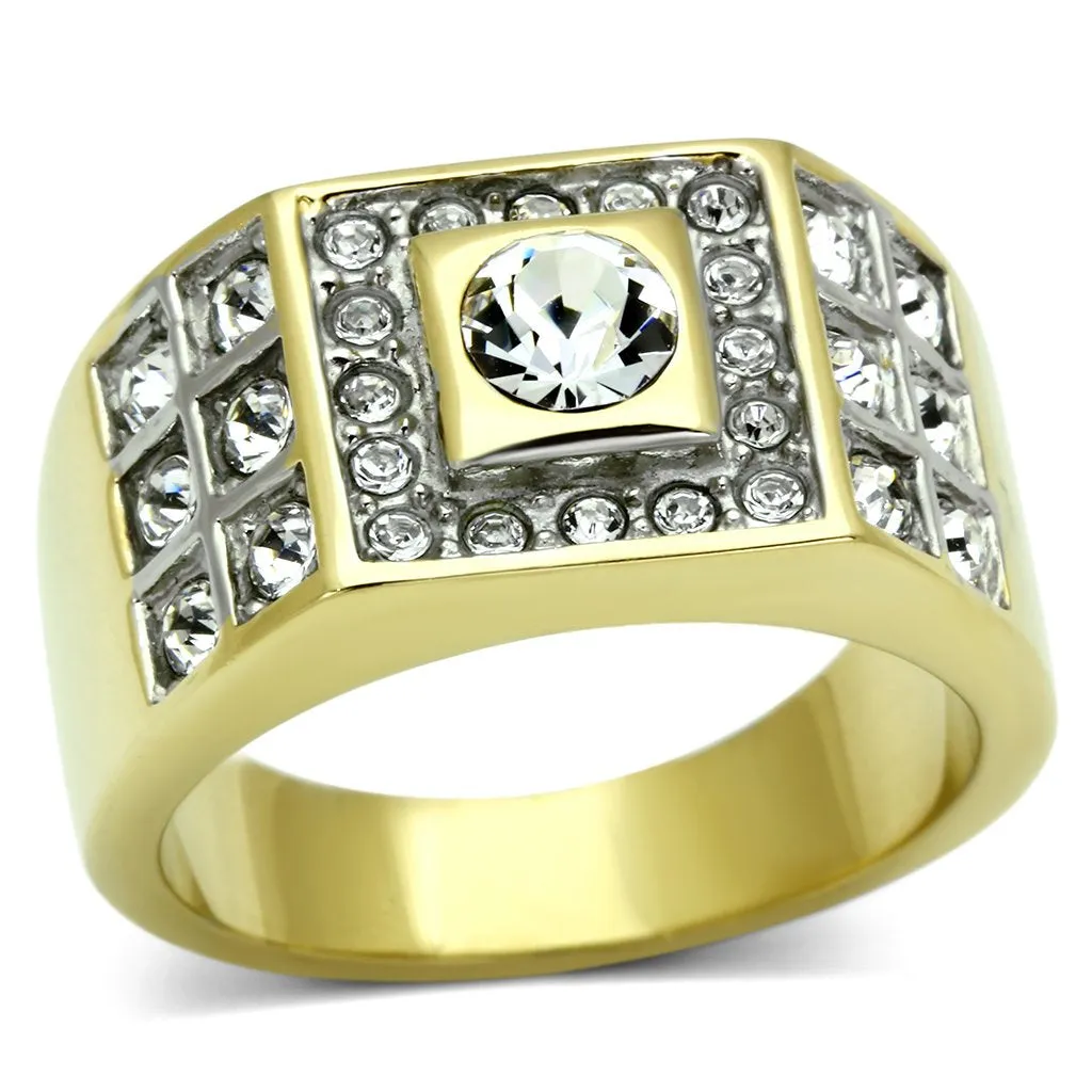 Two-Tone IP Gold (Ion Plating) Stainless Steel Ring with Top Grade Crystal in Clear for Women Style TK762