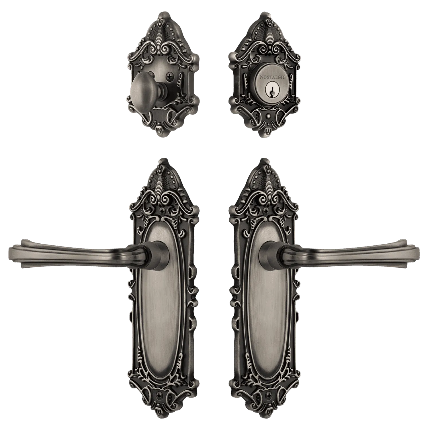 Victorian Entry Set with Fleur Lever in Antique Pewter