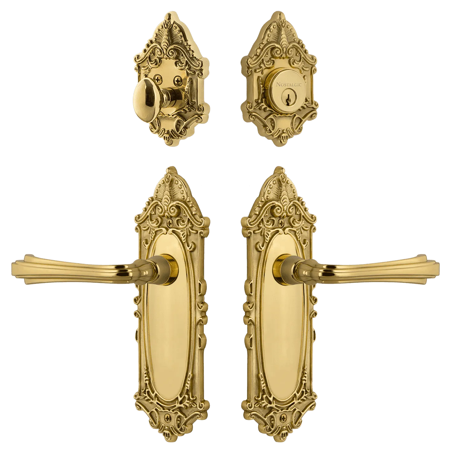 Victorian Entry Set with Fleur Lever in Polished Brass