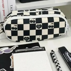 Vvsha 1 Pc Fashion Student Pencil Case Classic Checkboard Stationery Pencil Bag Black White Color High Capacity Scrapbook Storage Bag