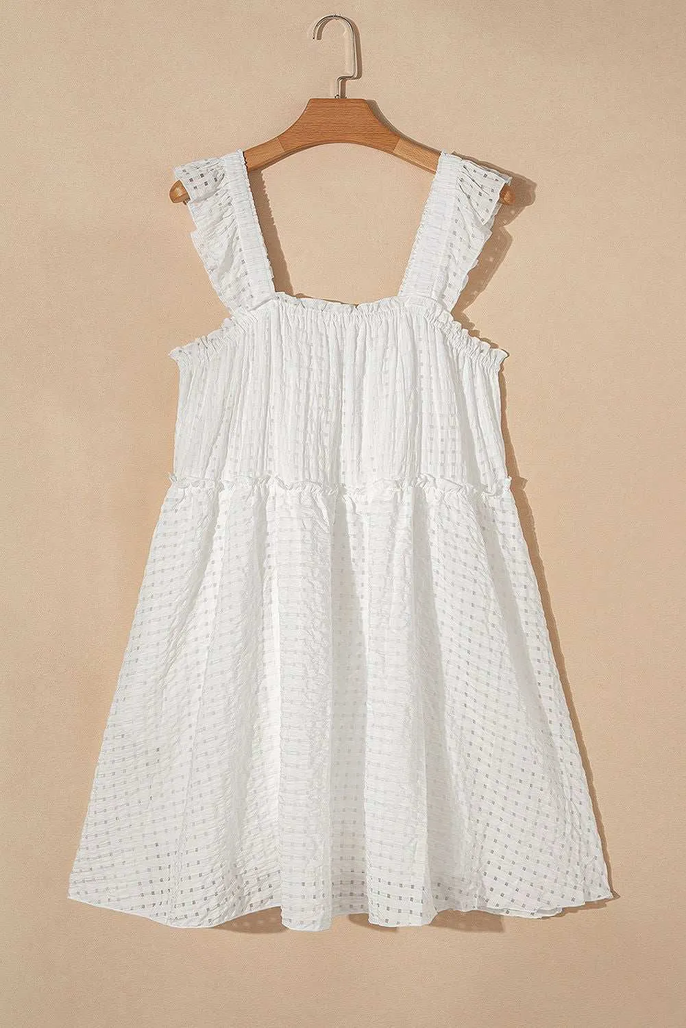 White Ruffle Straps Frill Trim Textured Vacation Dress