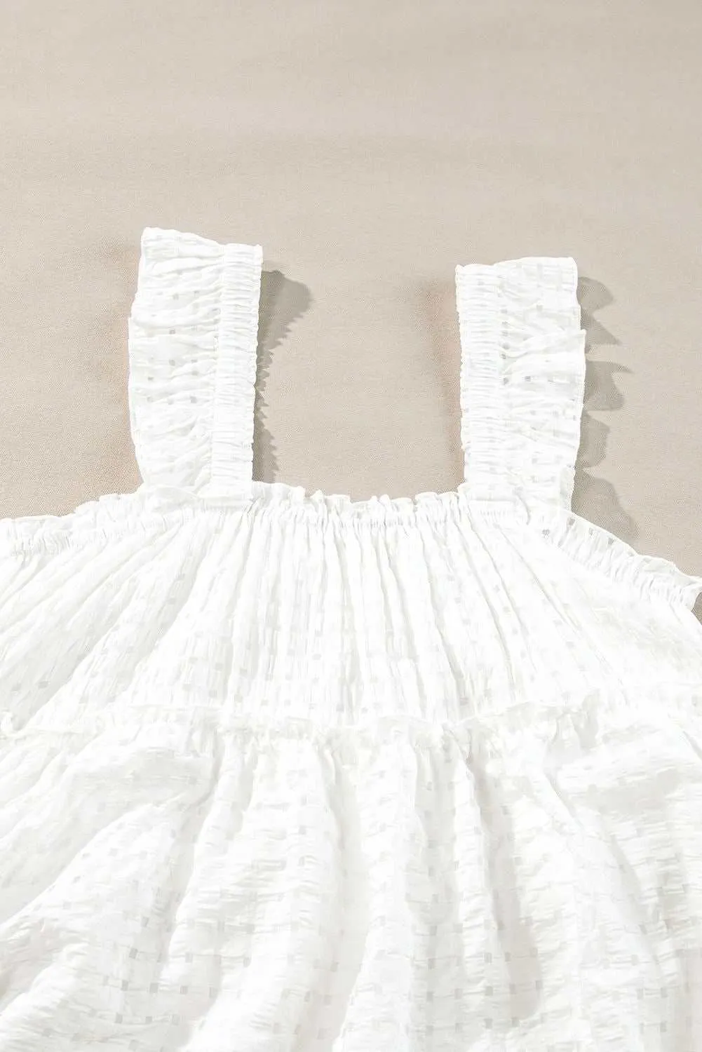 White Ruffle Straps Frill Trim Textured Vacation Dress