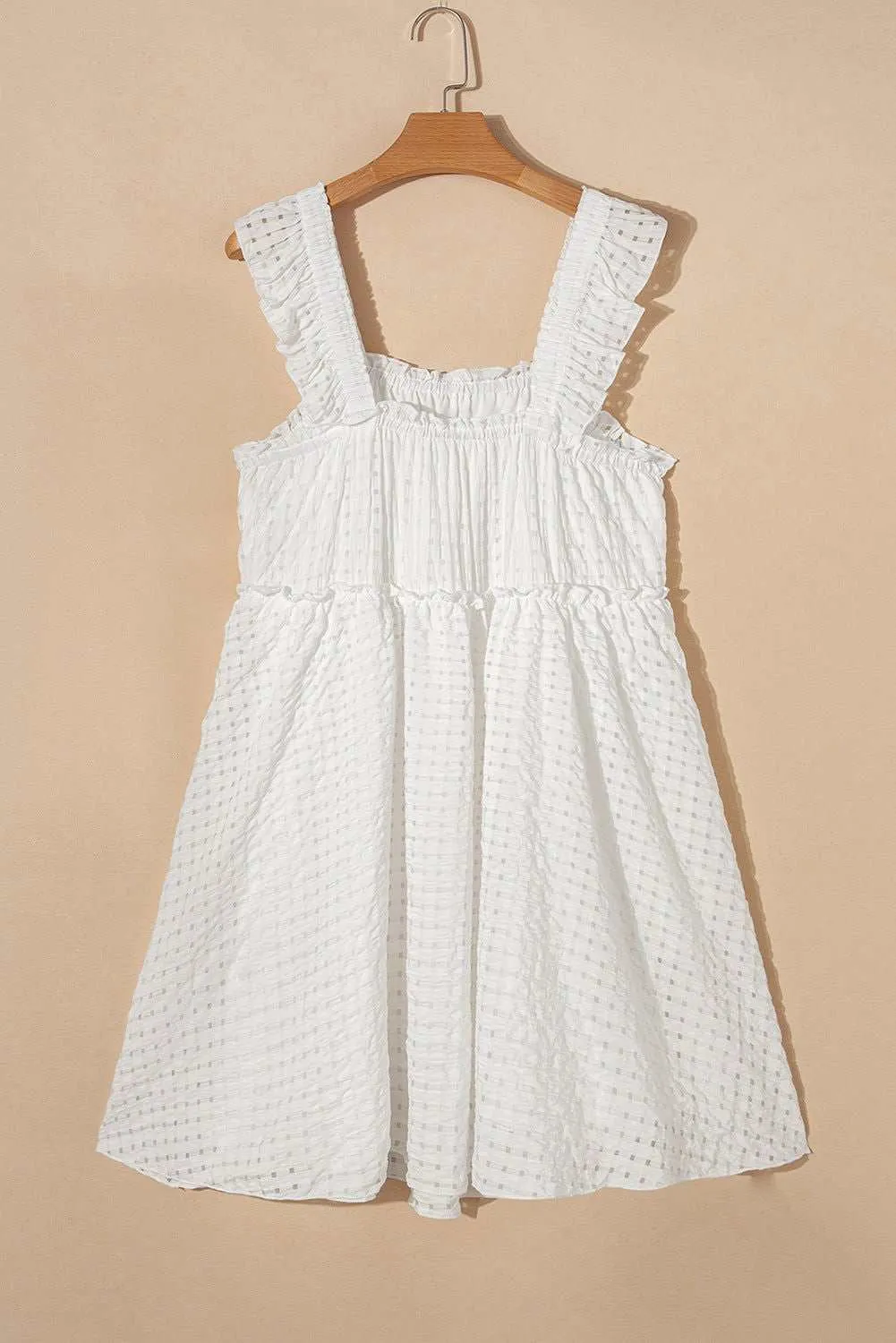 White Ruffle Straps Frill Trim Textured Vacation Dress