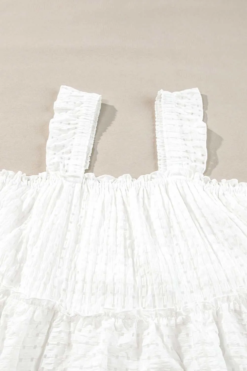 White Ruffle Straps Frill Trim Textured Vacation Dress