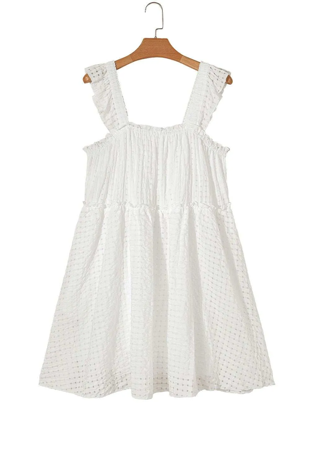 White Ruffle Straps Frill Trim Textured Vacation Dress