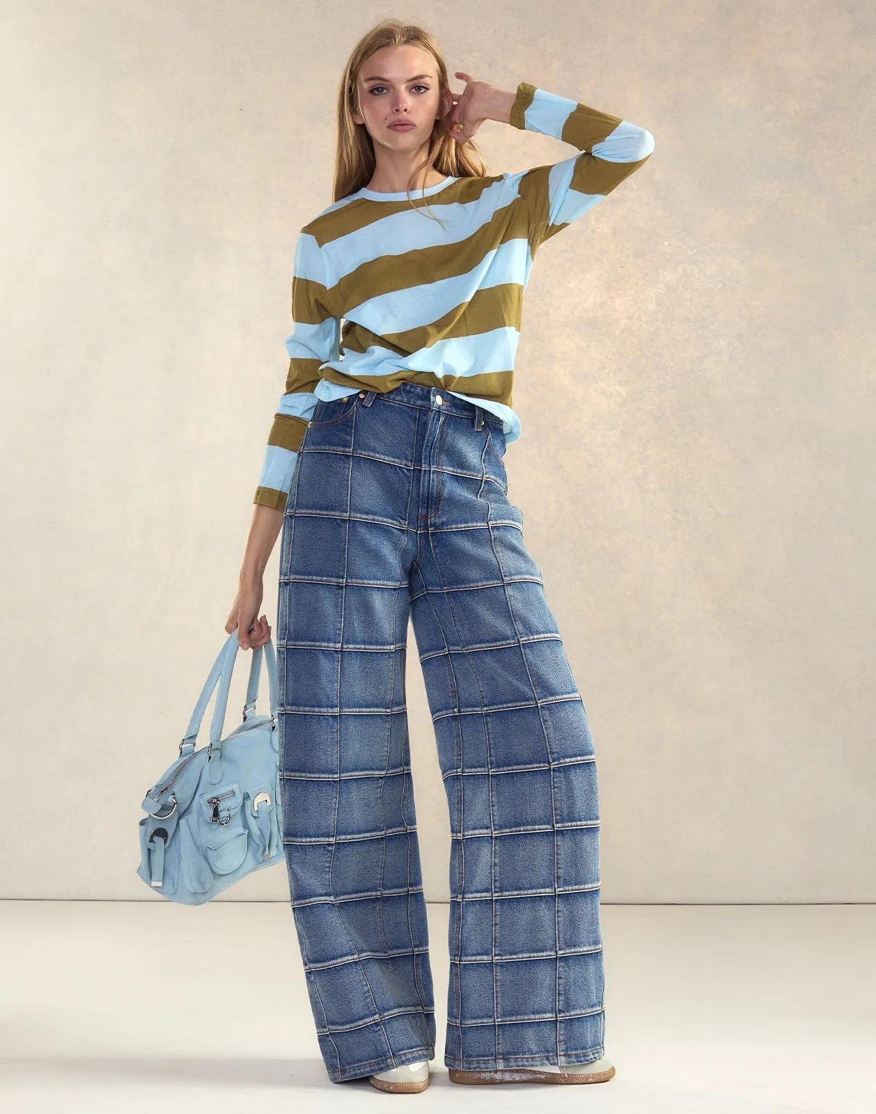 Windowpane Wide-Leg Jeans