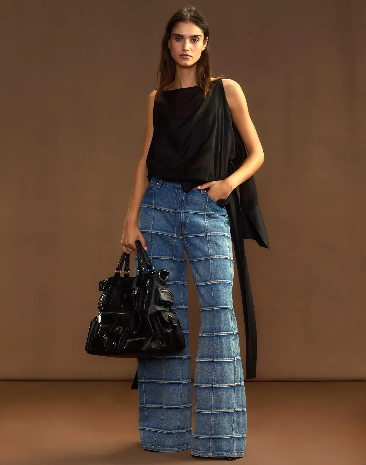 Windowpane Wide-Leg Jeans