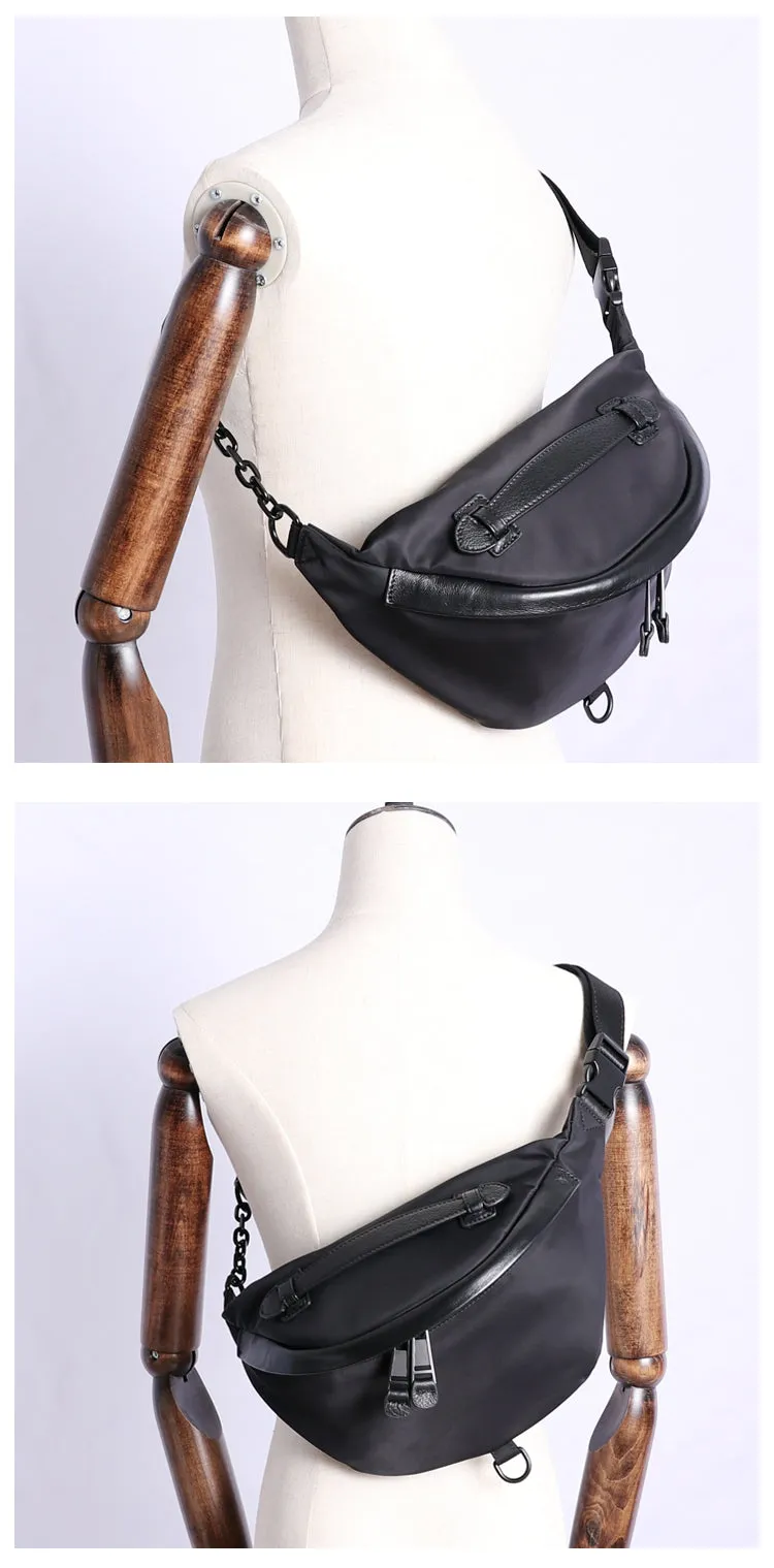 Womens Black Nylon Leather Fanny Pack Nylon Chest Bag Womens Hip Bag Waist Bag For Women