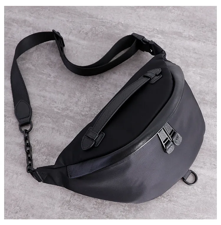 Womens Black Nylon Leather Fanny Pack Nylon Chest Bag Womens Hip Bag Waist Bag For Women