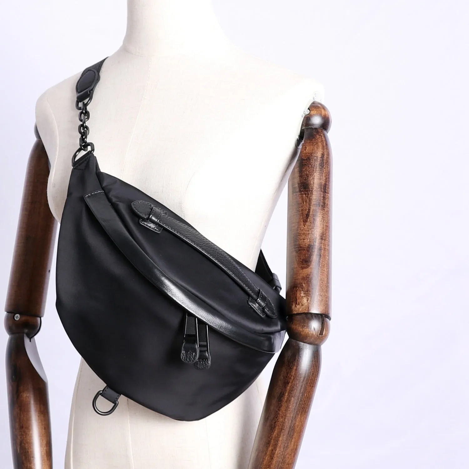 Womens Black Nylon Leather Fanny Pack Nylon Chest Bag Womens Hip Bag Waist Bag For Women