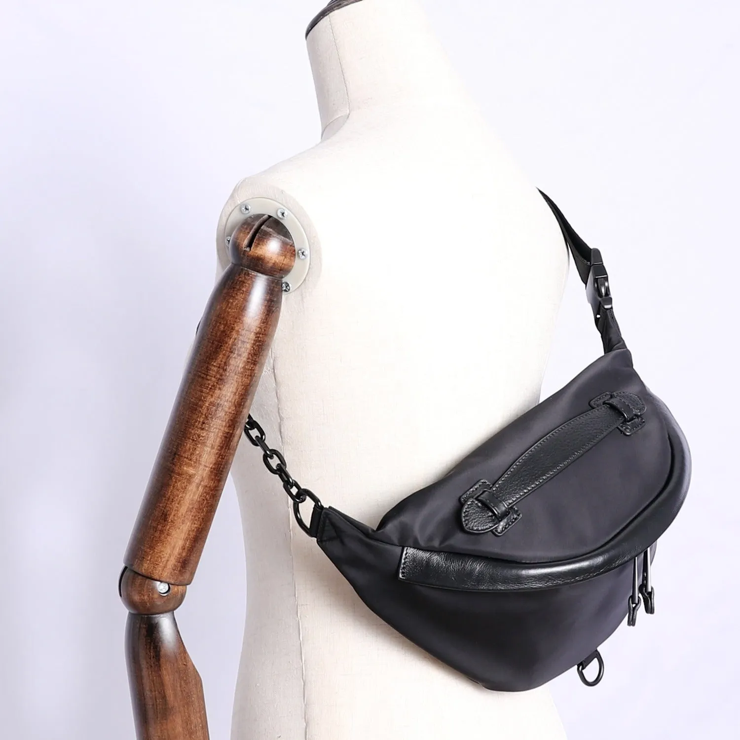 Womens Black Nylon Leather Fanny Pack Nylon Chest Bag Womens Hip Bag Waist Bag For Women