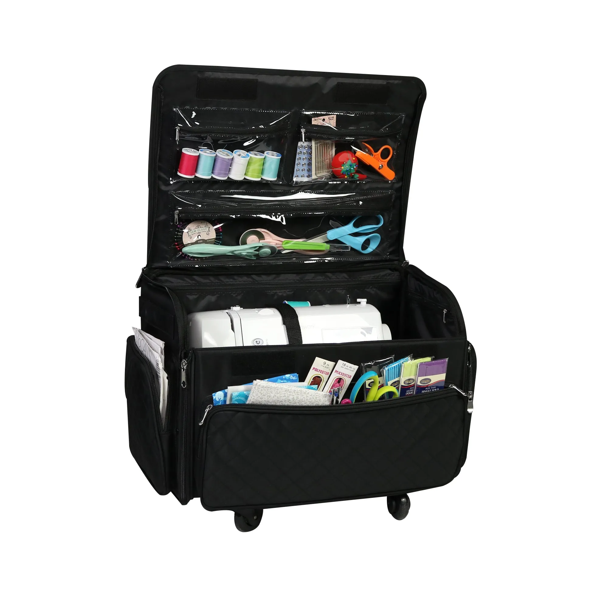 XL 4 Wheel Collapsible Deluxe Rolling Sewing Machine Storage Case, Black Quilted